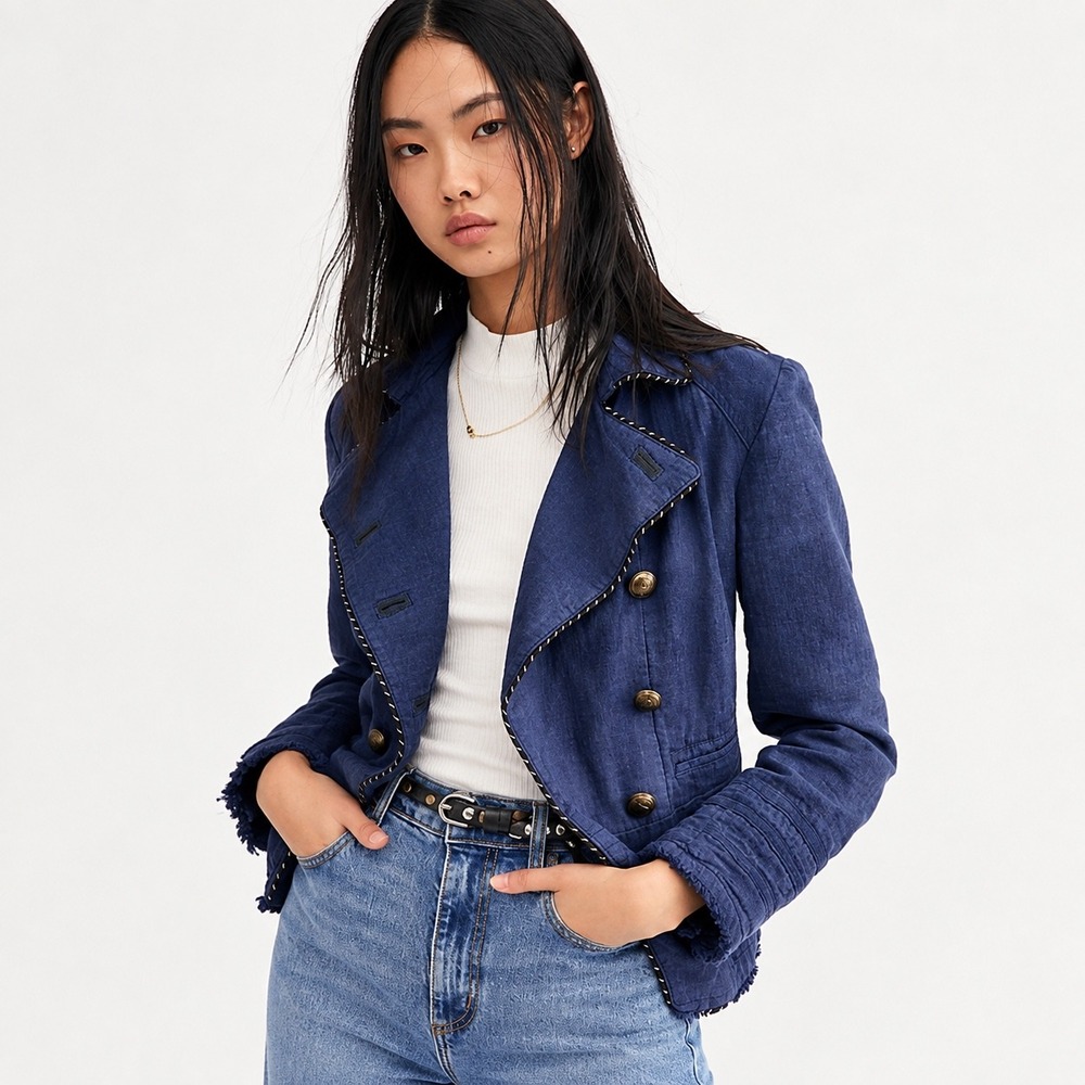 Free People Military Cadet Coat Blazer Women S Blue Double Breasted Linen Jacket